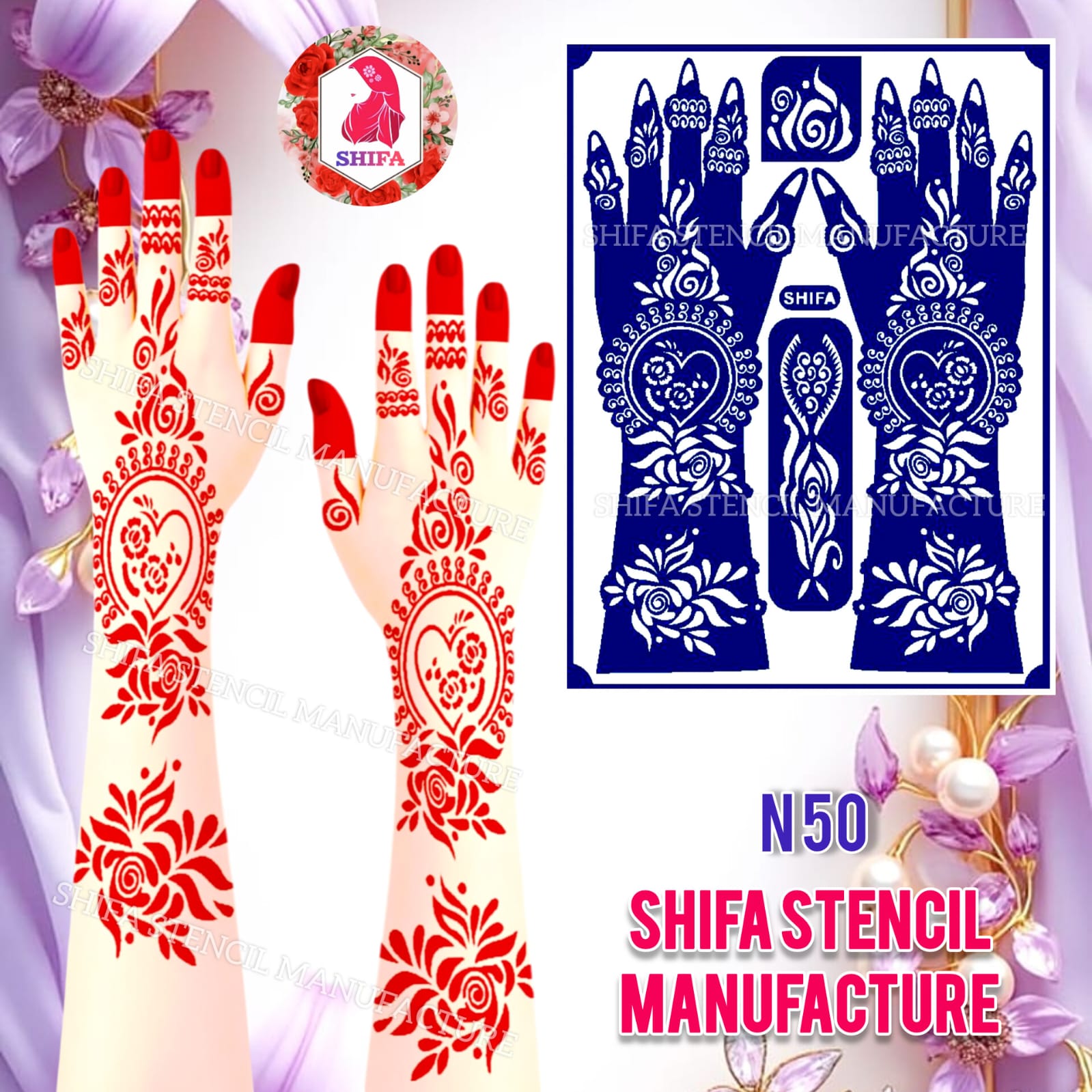 N50Heart Blossom Symphony Sticker Overview Henna Stencil - Shifa Stencil